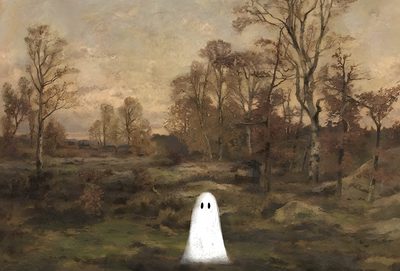 a painting of a white ghost standing in the middle of a wooded area with trees Halloween Ghost Computer Computer, Halloween Canvas Art, Fondos De Pantalla Para Ipad, dark olive green