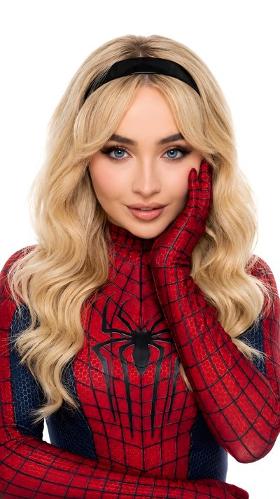a woman with long blonde hair wearing a spider - man costume and holding her hands to her face Sabrina Carpenter Halloween Sabrina Carpenter, Spiderman, peru