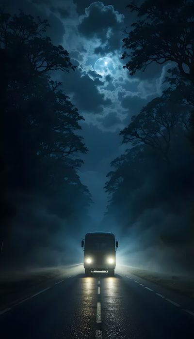 a van driving down the road at night under a full moon filled sky with clouds Halloween Road Horror Scenery, Spooky Road, Spooky Night Road Scene, Haunted Bus, Scary Road Background, black