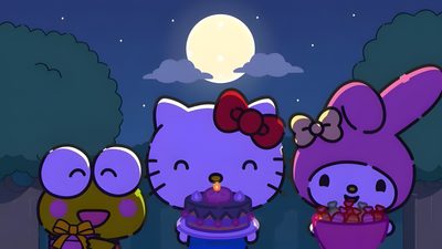 three hello kitty characters standing in front of a cake with candles on it and the moon behind them Hello Kitty And Friends Halloween Gif Film Netflix, Images Hello Kitty, Hello Kitty Aesthetic, dark slate blue