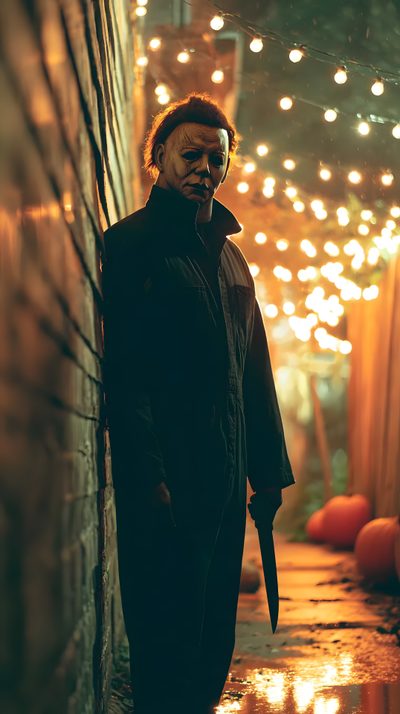 a man standing next to a wall with lights on it's sides and a knife in his mouth Michel Myers Halloween Iphone Halloween Michael Myers, Michael Myers 4k, Dark Gothic, dark olive green