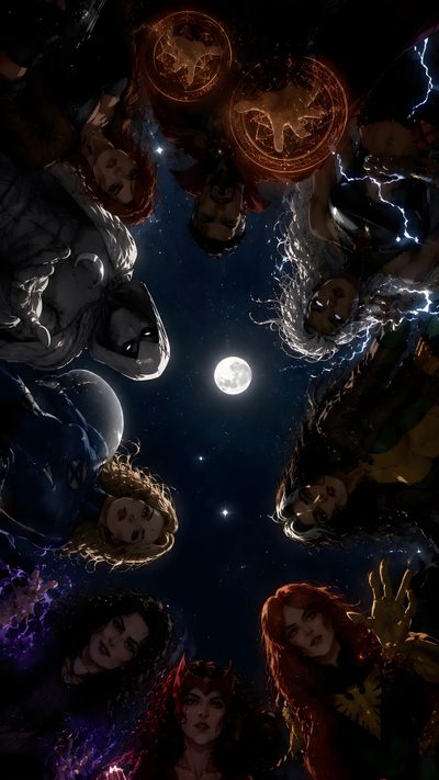 an image of many different people looking up at the sky with stars and planets in the background Marvel Halloween Iphone Jean Grey, Marvel, black