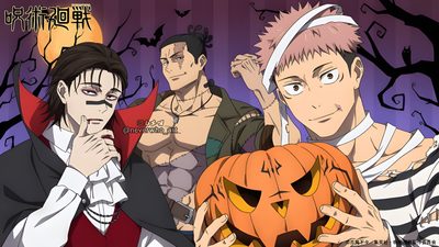 anime characters with pumpkins in front of them Jujustu Kaisen Halloween 1920x1080 Jjk Halloween Pfp, Jujutsu Kaisen Halloween, Choso Jujutsu Kaisen Official Art, dim gray