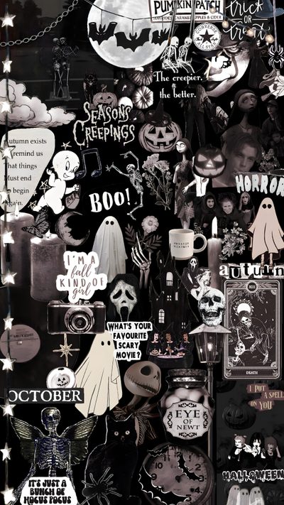 black and white halloween collage with lots of stickers on the side of it Spooky Halloween Collage Halloween Iphone, Halloween Lock Screen, Edgy, Halloween, black