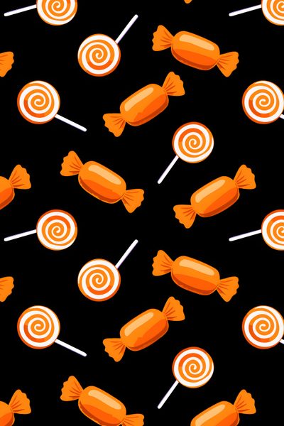 orange lollipops on a black background with white swirly candies in the middle Halloween Fabric Candy Halloween Design Canvas Background Ideas, Novelty Fabric, Holiday Fabric, black