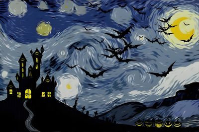 a painting of a castle with bats flying over it Van Gogh Starry Night Halloween Halloween Starry Night, Starry Night Halloween Backgrounds, Gothic Starry Night, dark slate blue