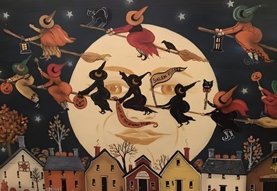 a painting of witches flying in front of a full moon Vintage Halloween Art Laptop Janet Hill, Halloween House Party, Halloween Vintage, Ghost Cat, dark olive green