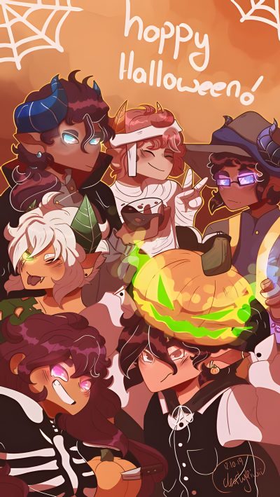 a group of people standing next to each other in front of a sign that says happy halloween Halloween Aphmau Halloween Aphmau, My Inner Demons Season 2 Poster, Aphmau My Inner Demons Season 2, indian red