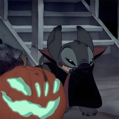 a cartoon character holding a pumpkin in front of stairs Halloween Stitch Gif Stitch Halloween Pfp, Cartoon Halloween Pfp, Halloween Disney Aesthetic, dark slate gray