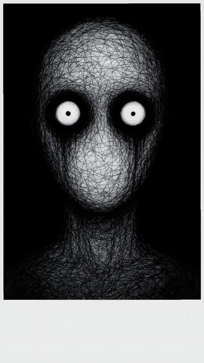 an alien face with two eyes in black and white, as if it were made out of string Scary Creepy Halloween Art Scary Face Animation, Ghost Drawing Scary, Creepy Designs, Terrifying Eyes, black