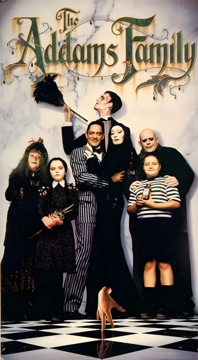 the addams family movie poster with an adult and two children standing in front of them Halloween Addams Family Addams Family Values, Iconic Movie Posters, Addams Family Poster, dim gray