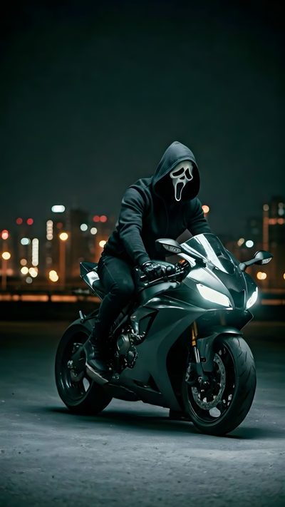 a man riding on the back of a motorcycle in front of a city at night Halloween Motorcycle Kawasaki Ninja H2r Iphone, Ghost Face Motorcycle Helmet, Kawasaki Bike For Phone, black
