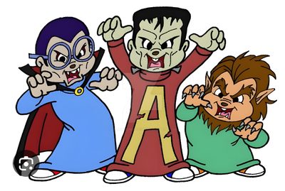 three cartoon characters with their arms in the air Alvin And The Chipmunks Halloween The Chipmunks Halloween, Alvin And The Chipmunks Wolfman, Alvin And The Chipmunks Superheroes, silver
