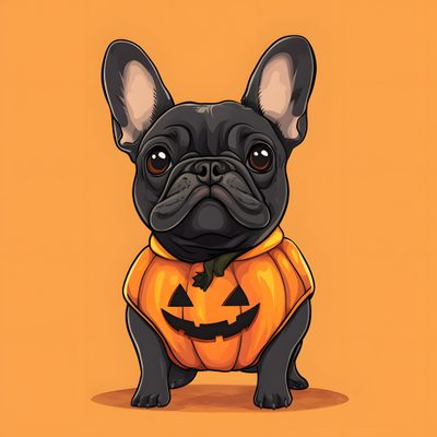 a small black dog wearing a pumpkin costume Halloween French Bulldog Halloween French Bulldog, Frenchie Halloween, French Bulldog Autumn Pumpkin Art, sandy brown