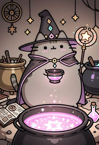 a cartoon cat wearing a witches hat next to caulders Aesthetic Halloween Pusheen Halloween Pusheen, Pusheen Halloween, Pusheen Witch, Kawaii Halloween, dim gray