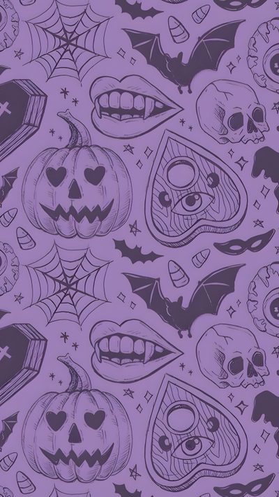 a purple background with skulls, bats and pumpkins Halloween Bats And Pumpkins - Lilac Purple Halloween, Halloween Cute, Goth, Whatsapp, Holiday,