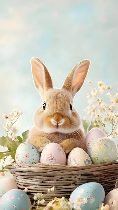 a rabbit sitting in a basket with eggs Halloween Easter Ideas Green Easter Bunny, High Resolution Easter, Easter For Iphone, light gray