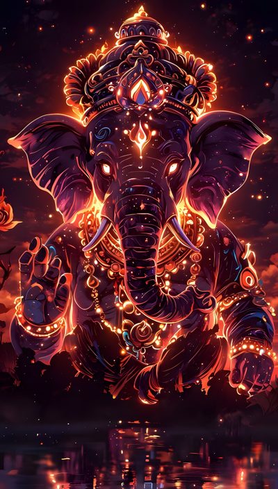 an elephant is sitting in the water with lights on it's face and trunk Ganesh Halloween Fire Ganesha, God Elephant, Lighting Ganesh, Cosmic Ganesha, Iphone Ganesha, black