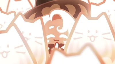 an animated image of a cat with a hat on its head and other cats behind it Crk Halloween Latte Cookie, Cookie Run, Fan Art, Memes, seashell