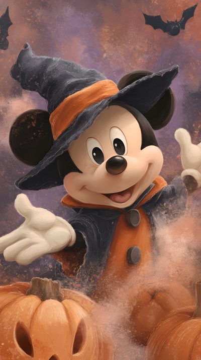 a mickey mouse dressed as a witch with pumpkins in front of him and bats flying around Mickey Mouse Halloween Iphone Mickey Mouse Halloween Iphone, Free Disney Halloween, Disney Halloween Aesthetic, sienna