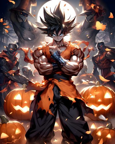 an anime character with his arms crossed in front of pumpkins and jack - o'- lanterns Dragon Ball Halloween Anime Galaxy, Pumpkin People, Dragon Ball Art Goku, Goku And Vegeta, saddle brown