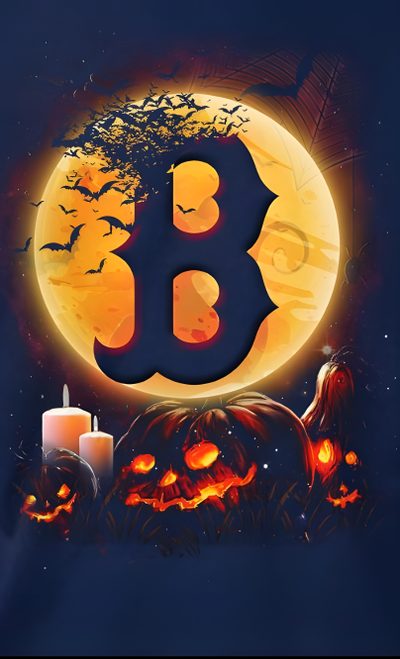 a blue t - shirt with the letter b in front of a full moon and pumpkins Baseball Halloween Dodgers Halloween, Redsox Boston, Boston Sports, October Baseball, dark slate gray