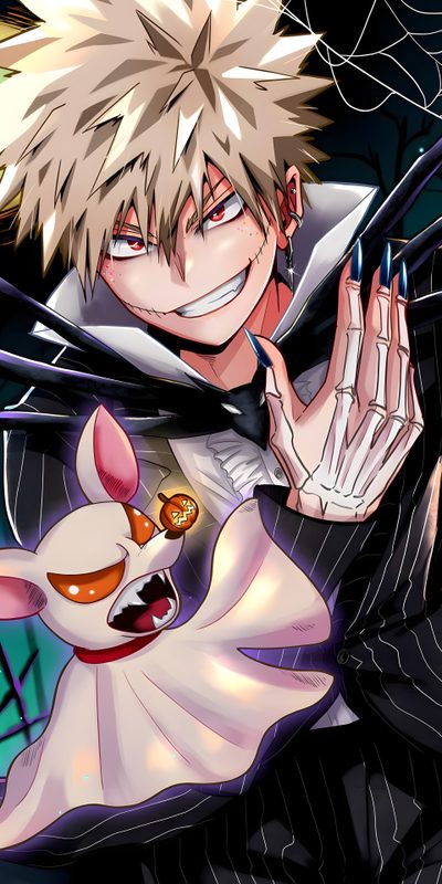 an anime character with white hair and black eyes holding his hand up to the camera Bakugou Halloween Mha Halloween, Bakugou Halloween, Halloween Bakugo Pfp, My Hero Academia Halloween, dim gray