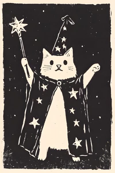 a black and white drawing of a cat wearing a wizard outfit with stars on it Halloween Witch Cat Wizard Cat Drawing, Cat In Wizard Hat, Cat Wizard Drawing, dark slate gray