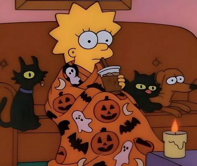 a cartoon character sitting on a couch with halloween decorations and black cats around him in the living room Vintage 90s Halloween Fall Mood Board, Fall Inspo, Spooky Scary, Los Simpson, saddle brown