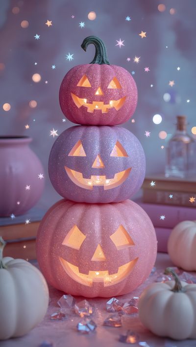 three jack - o'- lantern pumpkins sitting on top of each other in front of a purple background Pink And Purple Halloween Halloween Backgrounds, Glitter Pumpkins On Pink Background, Holiday Fun, gray