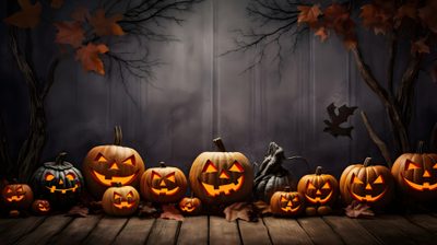 a group of carved pumpkins sitting on top of a wooden floor next to trees Halloween Fb Halloween Screensavers Laptop, Spooky Facebook Cover Photos, Halloween Pc Background, dark slate gray