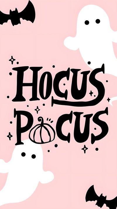 the words hoccus pocus are in black and white on a pink background with bats Pink Halloween Words Custom Hocos Pocos, Hocus Pocus Pink Background, Pastel Pink Halloween Background, misty rose