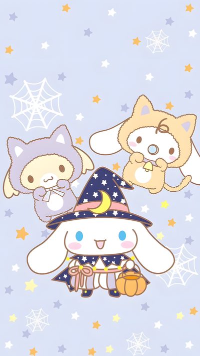 three cartoon animals wearing witches hats and sitting on top of each other, with stars in the background Kawaii Cinnamoroll Halloween Sanrio Halloween Laptop, Halloween Sanrio Desktop, Cinnamoroll Fall, lavender