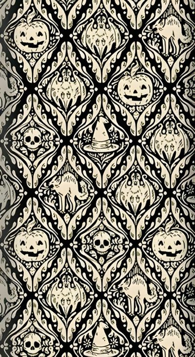 an intricate black and white pattern with skulls on the side, as well as pumpkins Halloween Trellis Ikat Custom Holiday Season, Home Decor, Home Décor, gray