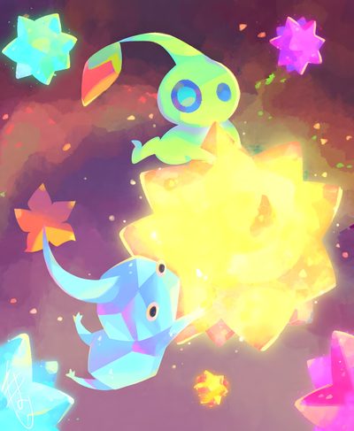 an image of two animals in the air with stars around them on a colorful background Pikmin Halloween Pikmin Christmas, Glowing Pikmin, Pikmin Halloween, Glow Pikmin, rosy brown