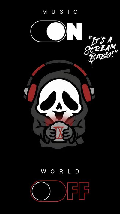 a poster with headphones and a skull on it Halloween Ghostface Ghostface Cute, Ghost Face Cute, Ghostface Apple Watch, Cute Cute Scream Iphone, black