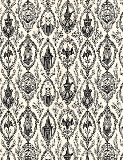 a black and white wallpaper with skulls, flowers and other things on it's surface Gothic Halloween Pattern In Black And Decoupage Glue, Victorian Pattern, Gothic Pattern, light gray