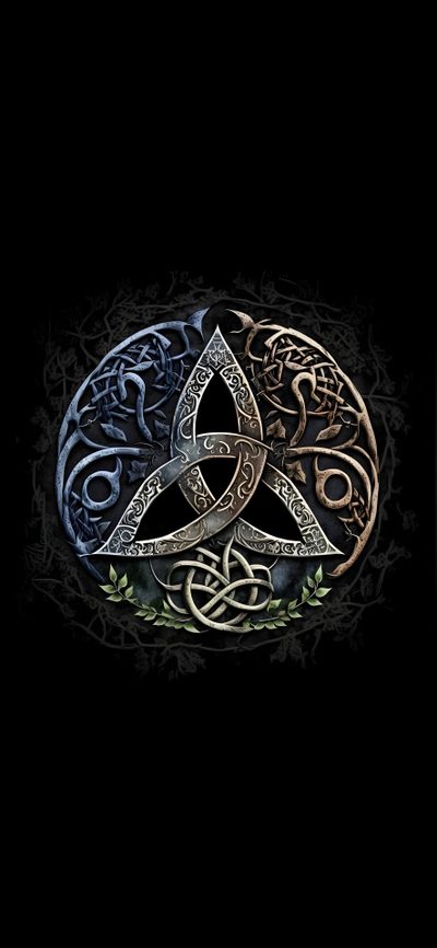 an image of a celtic symbol on a black background with leaves and vines around it Halloween Celtic Triquetra, Morrigan, Norse Pagan Iphone, Celtic Druid, Celtic Christmas, Druid, black