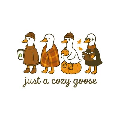 three ducks are standing next to each other and the words just a cozy goose on them Halloween Goose Fall Cartoon Aesthetic, Funny Fall Clipart, Funny Fall Clip Art, Fall Duck, white