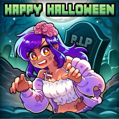 a cartoon character with purple hair and an evil look on her face, holding a sign that says happy halloween Halloween Aphmau Aphmau 2024, Aphmau Halloween Pictures, Aphmau Official Art, dim gray