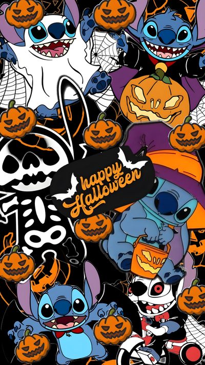a group of cartoon characters with pumpkins on them Lock Screen Stitch Halloween Cute Halloween Phone, Halloween Cartoon Characters, Halloween Party Decoration Ideas, dark olive green
