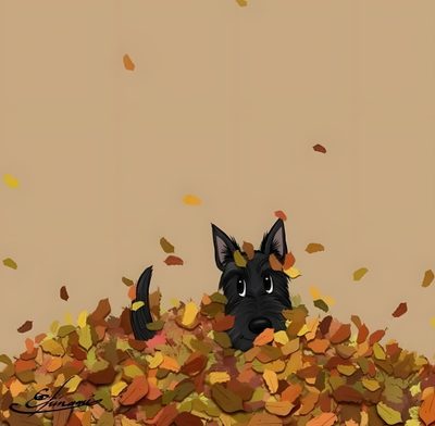 a black dog laying on top of a pile of leaves Halloween Scottish Terrier Scottie Terrier, Westie Puppies, Cairn Terrier, Dog, Dog Illustration, tan