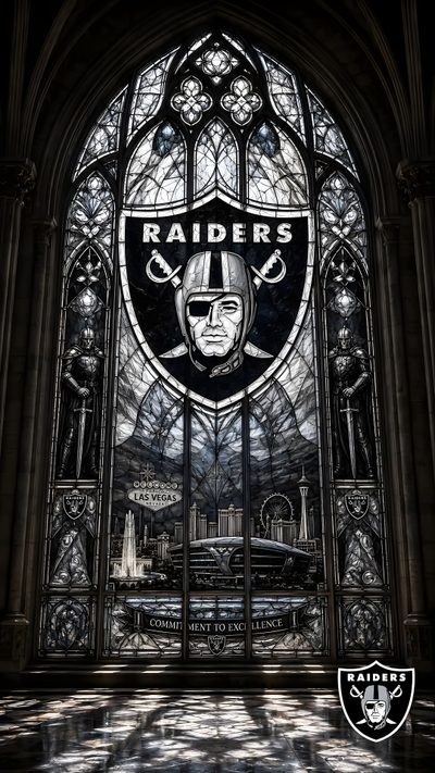 the oakland football team's logo is displayed in front of a stained glass window Raiders Halloween Raiders, Raiders Fans, Raiders Football, Raider Nation, Nfl Teams, Nfl Football, black