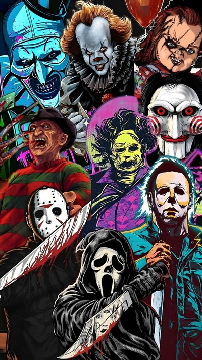 a collage of horror movie characters Halloween Horror Movie Iphone Movie Character, Sticker Printable, Halloween Iphone Backgrounds, dark slate gray