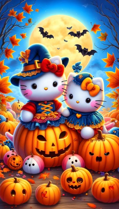 two hello kitty pumpkins with jack - o'- lanterns and bats in the background Hello Kitty And Friends Halloween Hello Kitty Halloween, Cute Hello Kitty Halloween, Halloween Hello Kitty, indian red