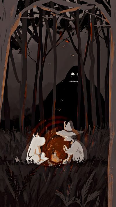 two cats are laying in the woods at night, one cat is on its back Moomin Halloween Moomin Night, Moomin Background, Moomin Autumn, Moomin Hd, Moomin Forest, Moomin Fall, black
