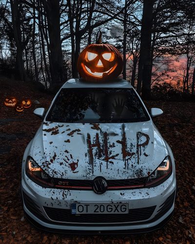 a car that has been decorated with pumpkins on it's roof and headlight Halloween Car Decorating Car For Halloween, Vw Golf Joker, Decorate Car For Halloween, black