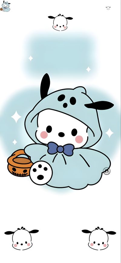 an animal with a bow tie sitting on top of a white floor next to other animals Pochacco Halloween Images Snoopy, Hello Kitty Art, Sanrio, Hello Kitty Characters, Hello Kitty Iphone, white