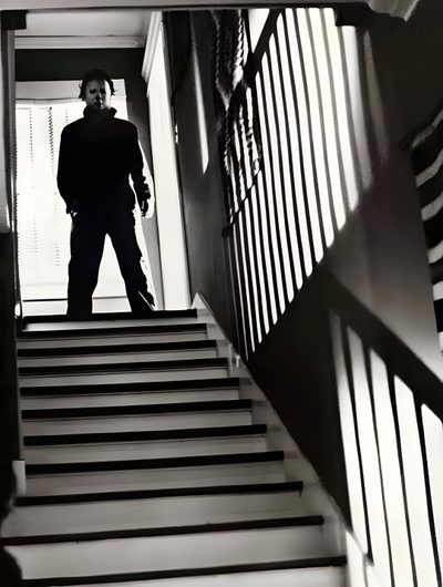 a man standing on top of a set of stairs John Carpenter Halloween Michael Myers Standing In Shadows, Michael Myers Stairs, Michael Myers In Shadow, dark slate gray