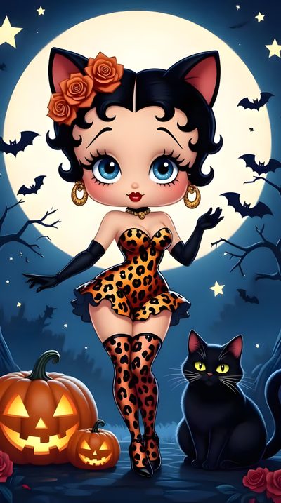 a woman in leopard print dress standing next to a black cat and pumpkin on the ground Betty Boop Halloween Miss Betty, Betty Boop With Cat, Betty Pops, dark slate gray